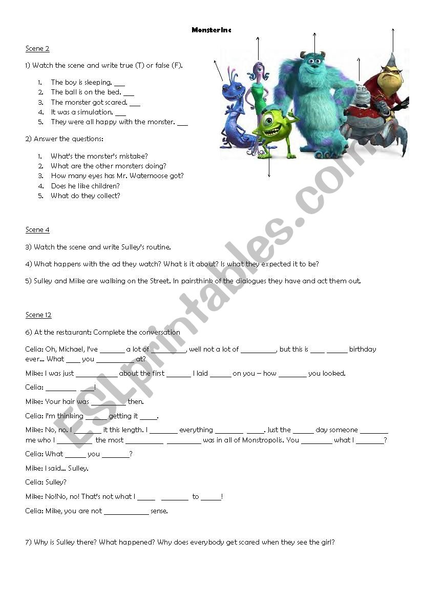 Monster Inc movie worksheet