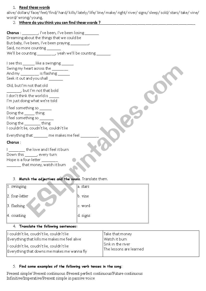 Counting stars- One Republic worksheet