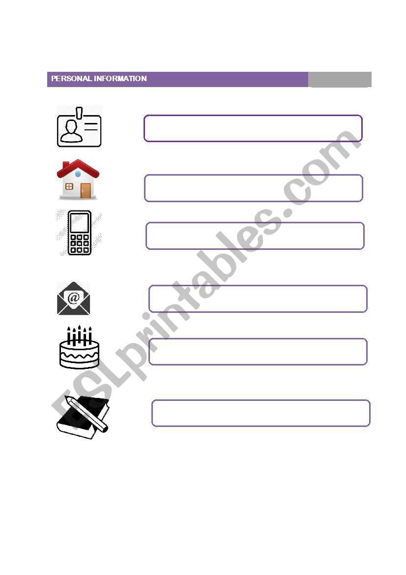 Personal Information worksheet