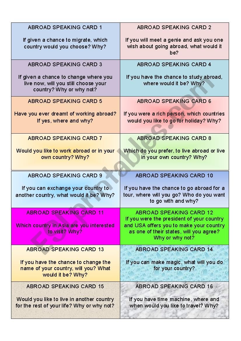 INTERESTING SPEAKING CARDS ABOUT GOING ABROAD
