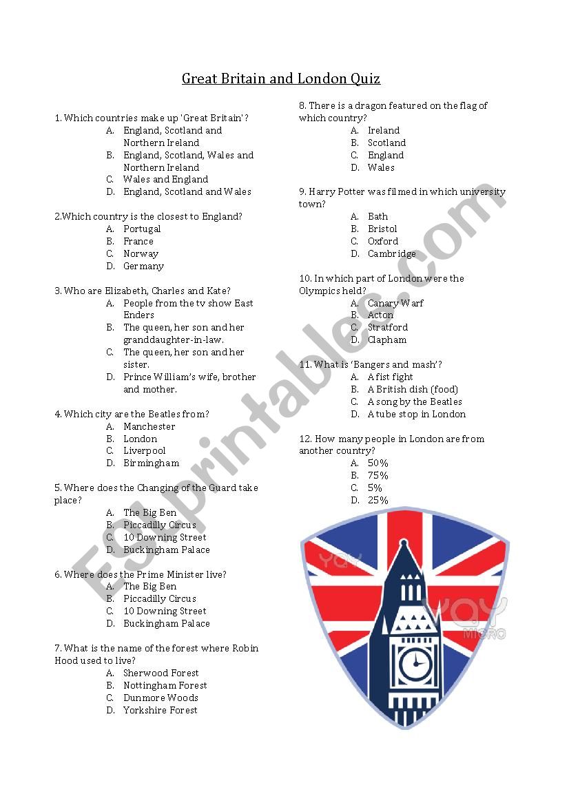 Great Britian and London Quiz worksheet