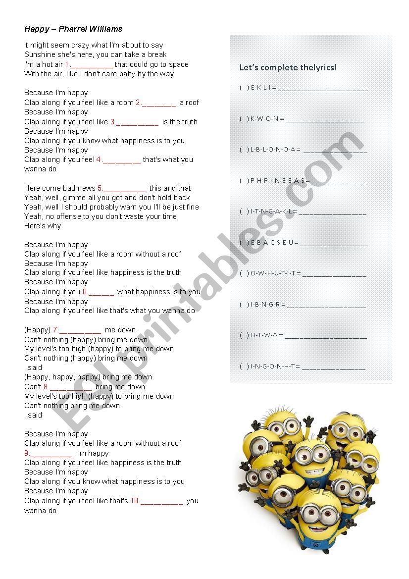 Song Activity Happy - Pharrell Williams from the movie Despicable Me