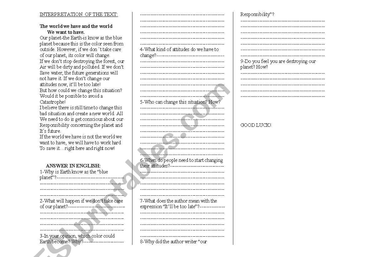 Interpretation of Text worksheet