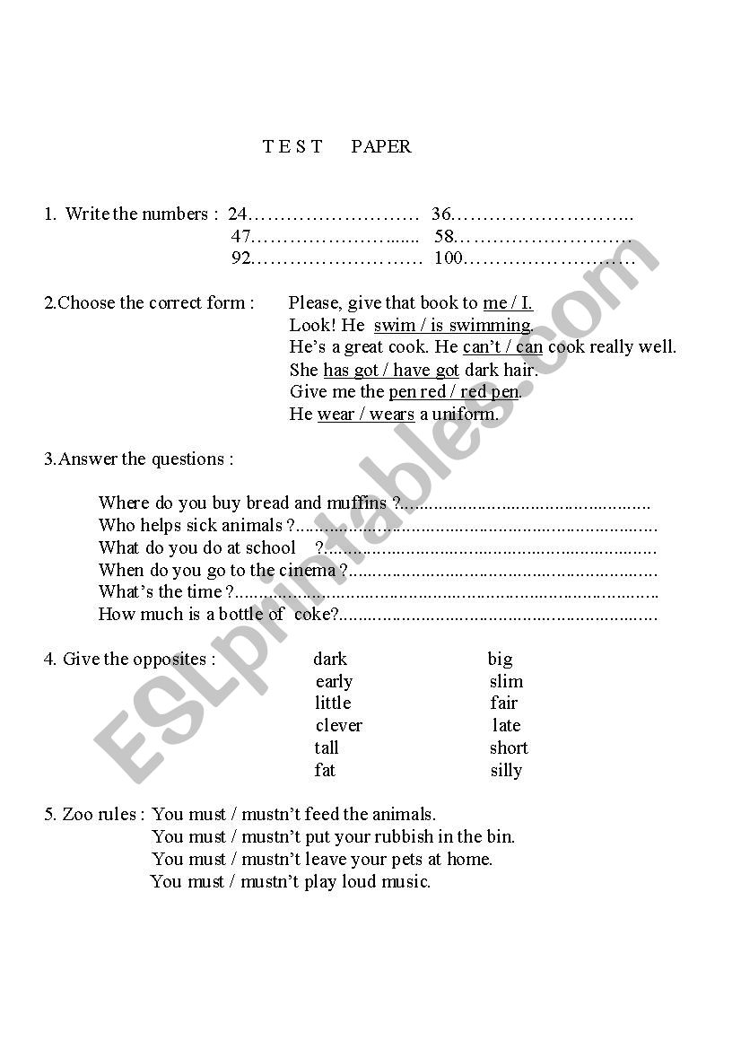 Test Paper worksheet