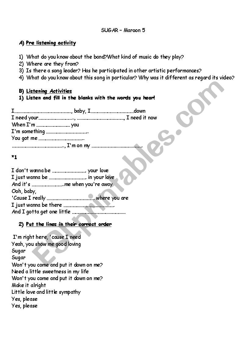 SUGAR_ Maroon 5 worksheet