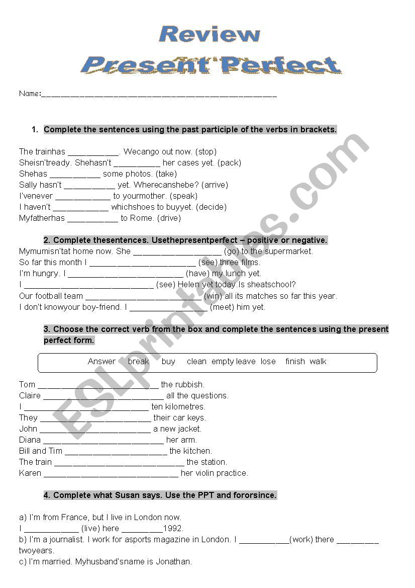 Review: Present Perfect worksheet