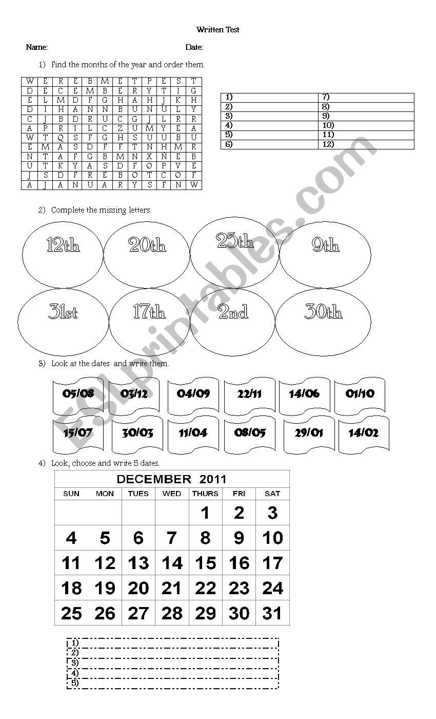 WRITTEN TEST: ORDINAL NUMBERS AND DATES.