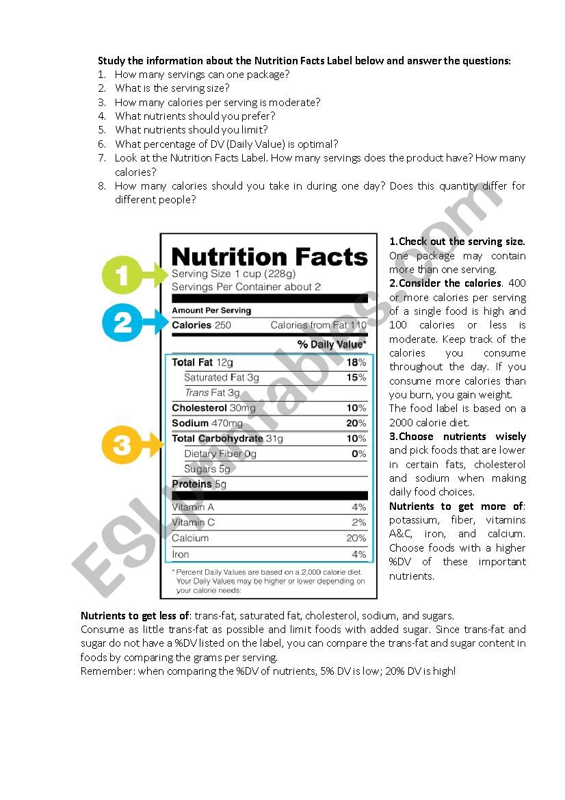 Nutrition Facts Label  worksheet