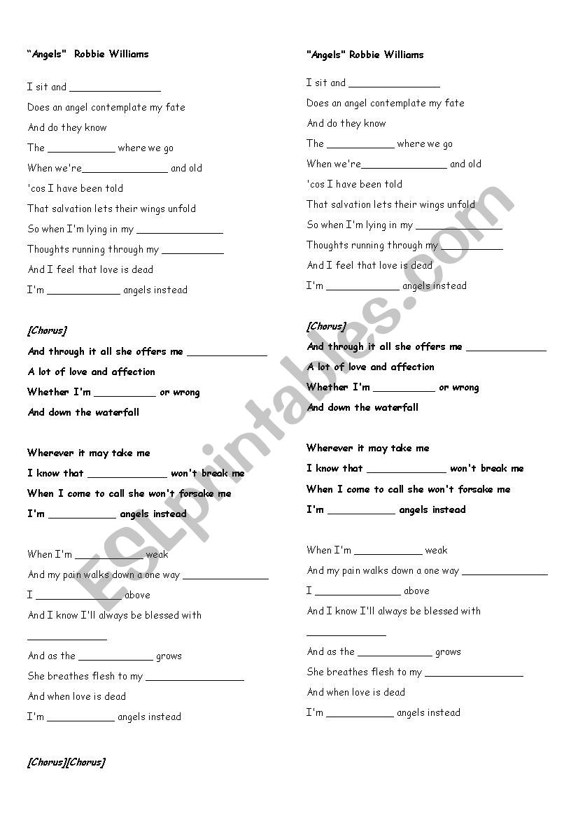 ANGELS- Robbie Williams worksheet