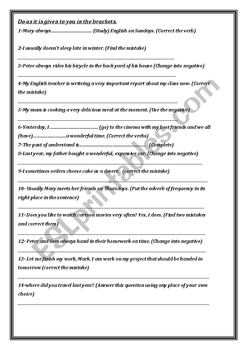 DO AS SHOWN BETWEEN BRACKETS worksheet