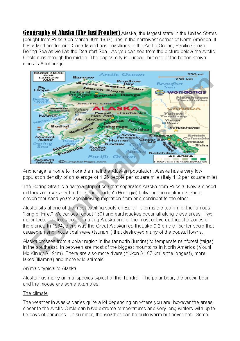 Geography of Alaska CLIL worksheet