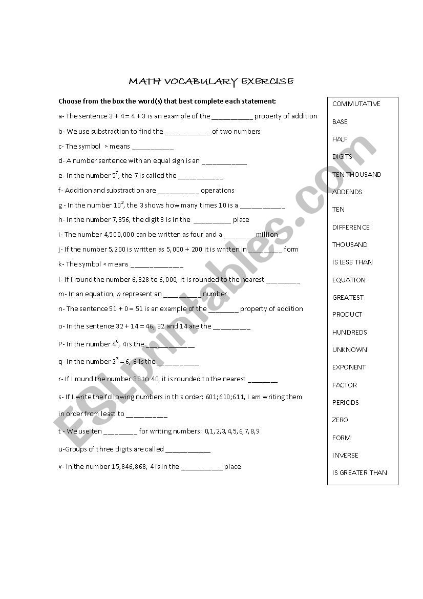 Math vocabulary exercise worksheet