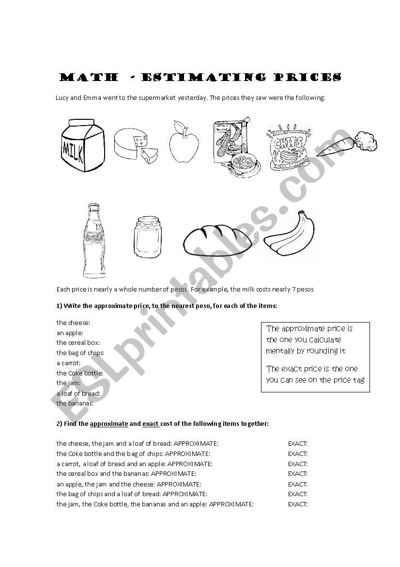 Math prices worksheet