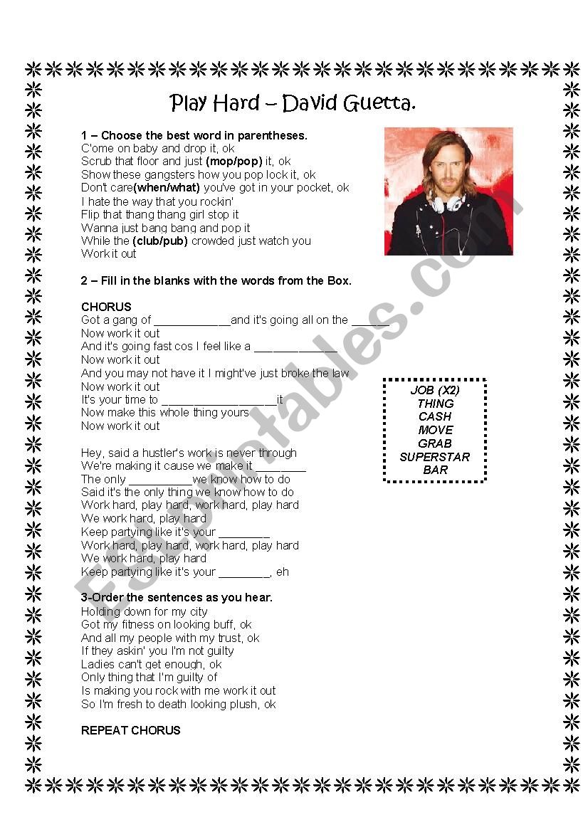 Play hard David Guetta worksheet