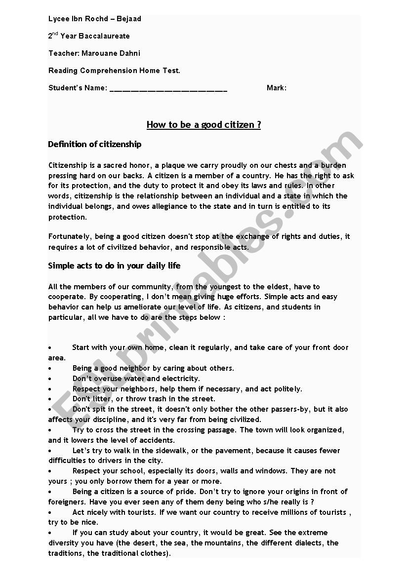 How to be a good citizen ? worksheet