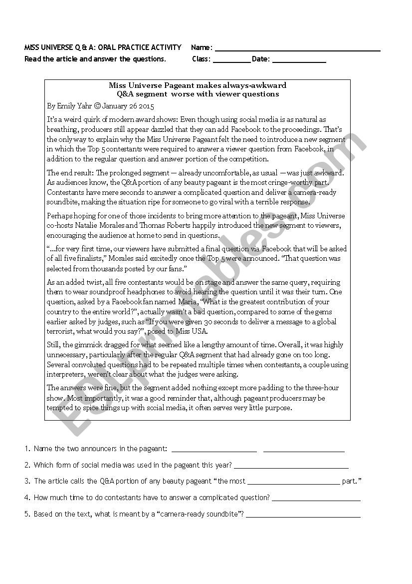 Pageant Activity - Reading Comprehension