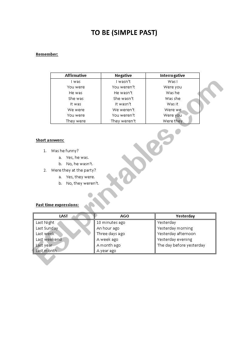 To Be - Past Simple worksheet