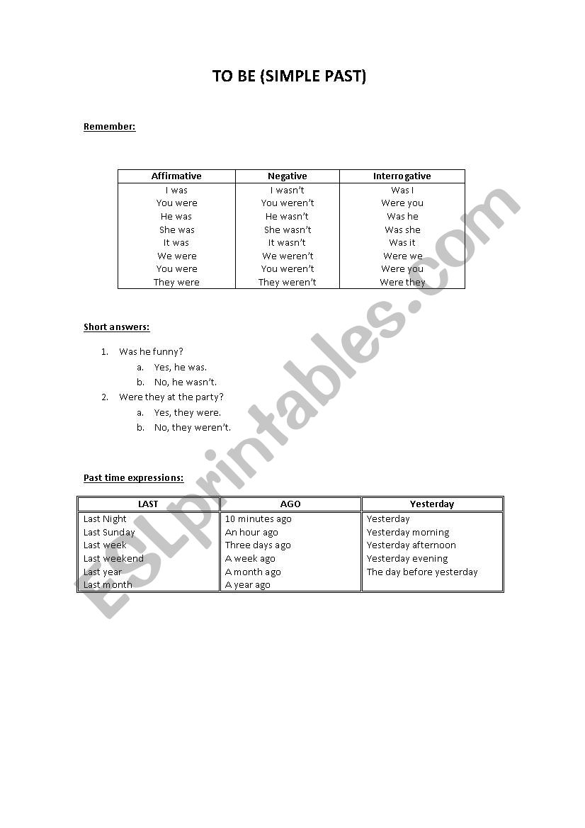 To Be - Past Simple worksheet