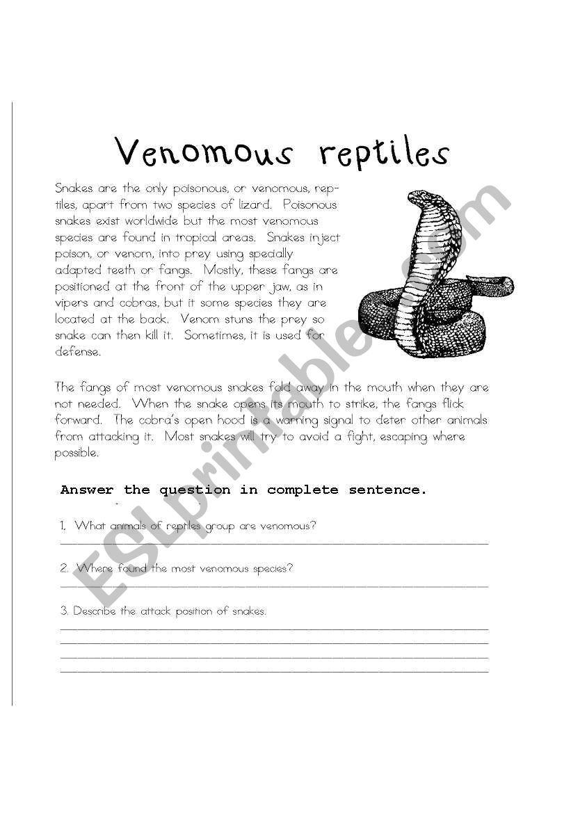 Venomous reptiles worksheet