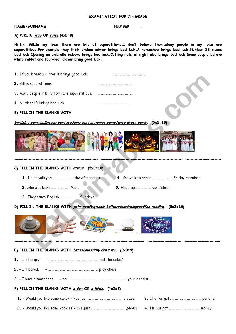 7th GRADE EXAMINATION worksheet