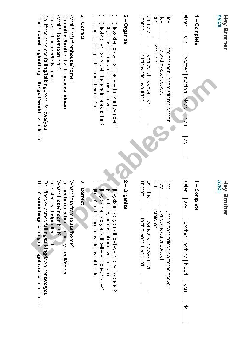 Song Hey Brother Avicii worksheet