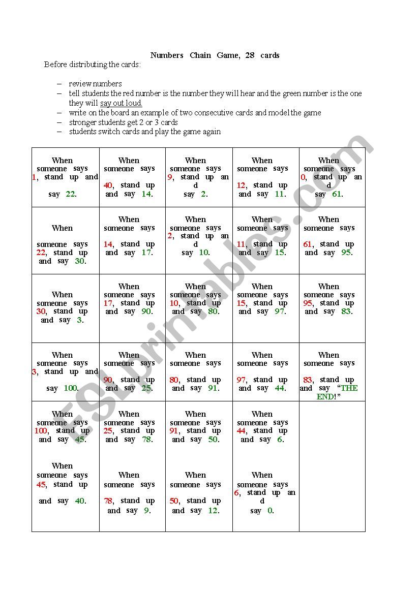 Numbers Chain Game worksheet