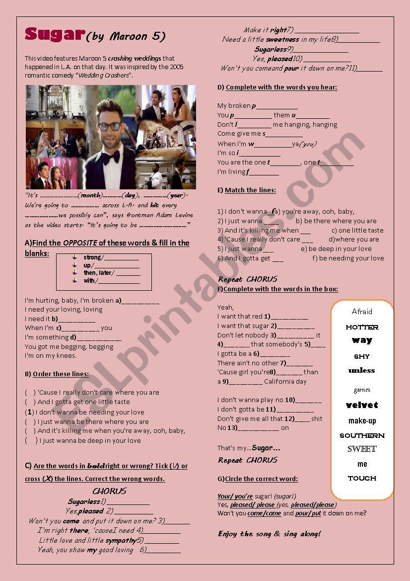 SUGAR (Maroon 5) worksheet