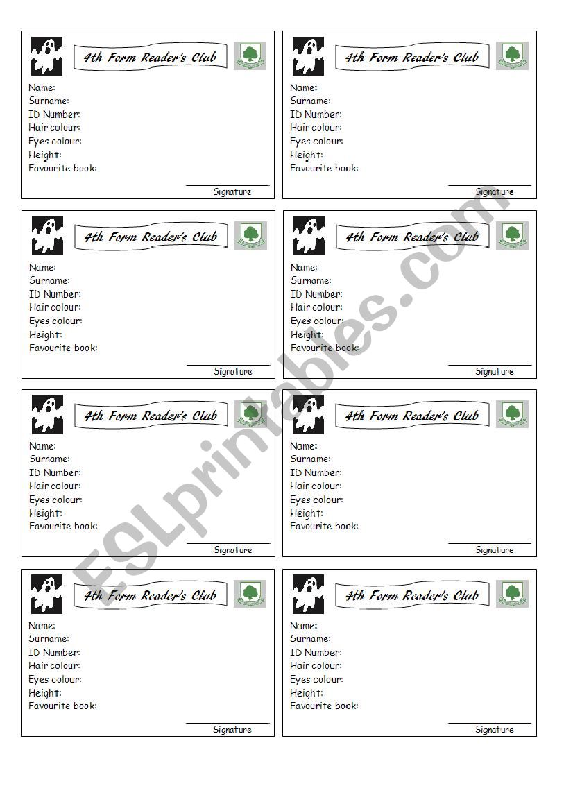 Readers club card worksheet