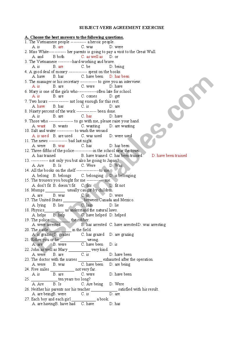 Subject - Verb agreement Practice