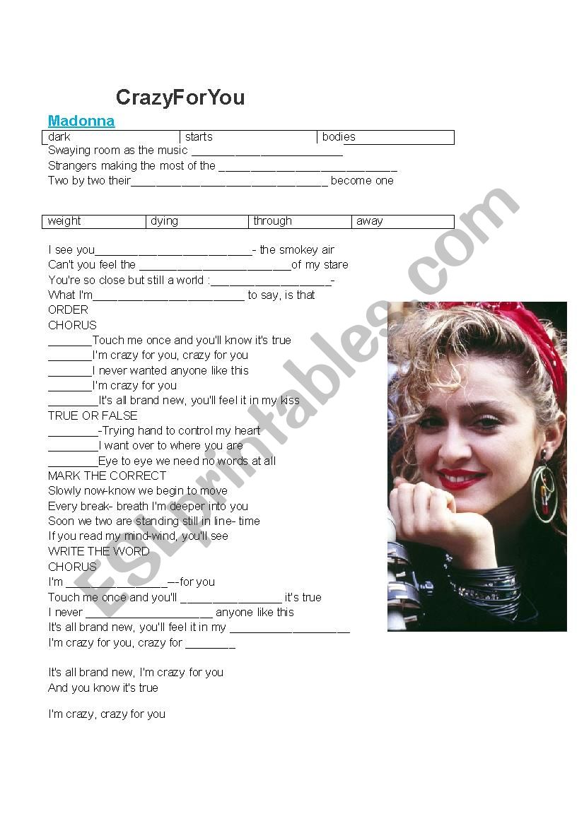 Madonna-Crazy for you worksheet