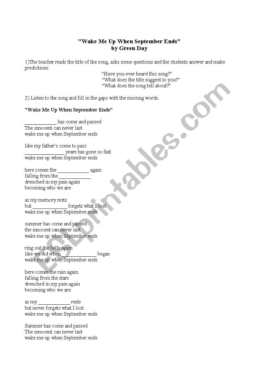 Wake me up when September ends - ESL worksheet by debo.pinci