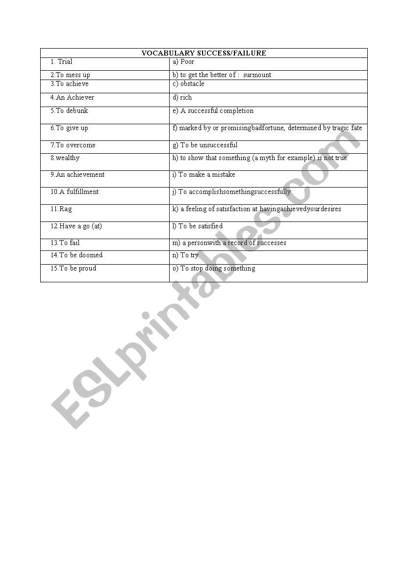 Vocabulary success worksheet