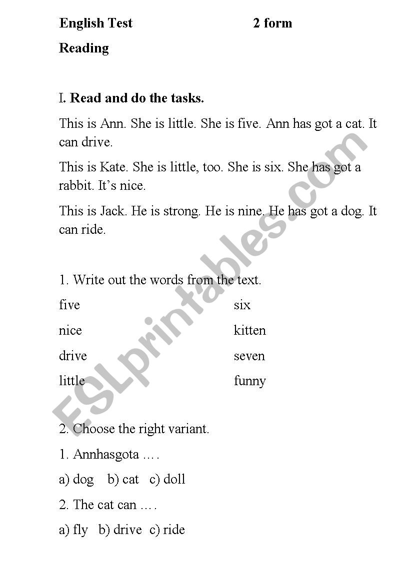 English Test 2 form worksheet