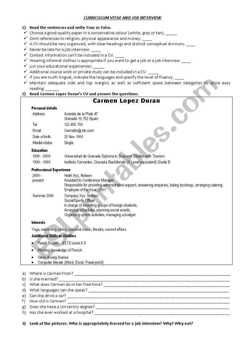 CV and Job Interview worksheet