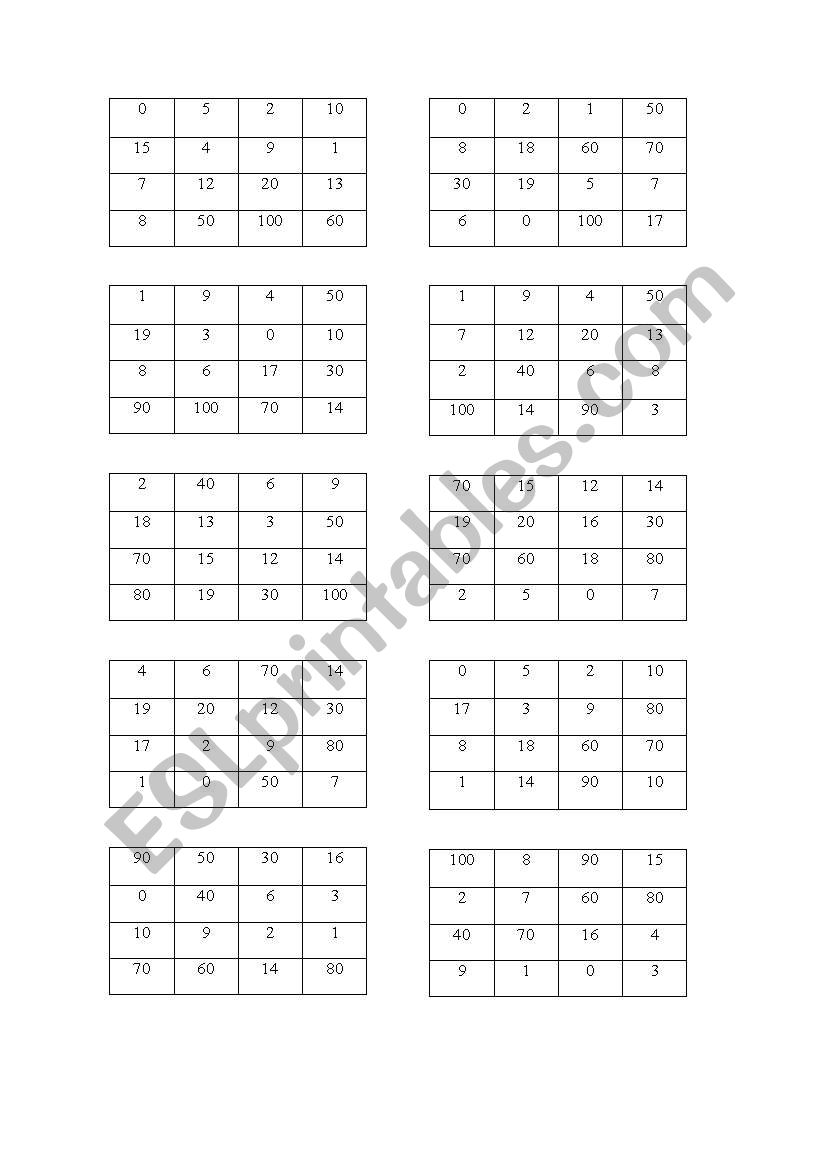English worksheets: number bingo cards