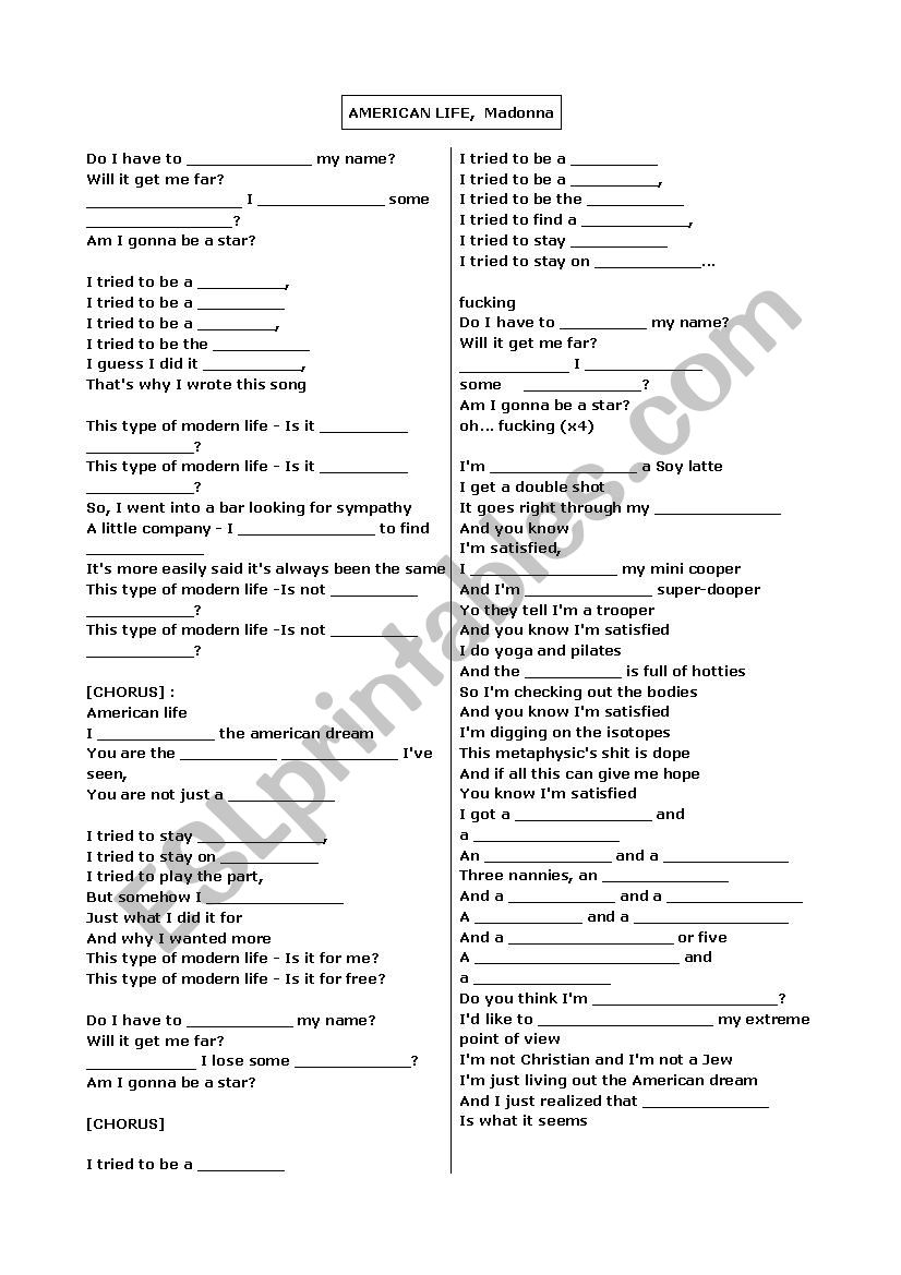 American Life - Madonna worksheet