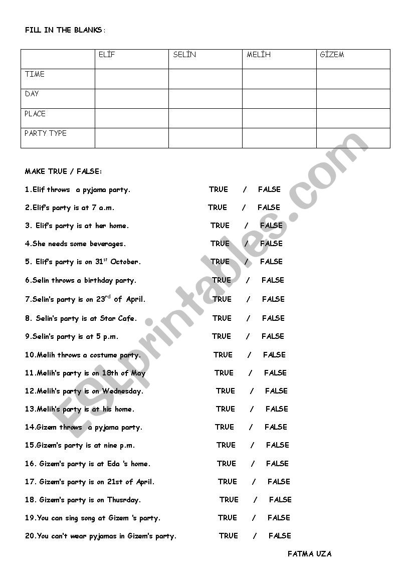 party types worksheet