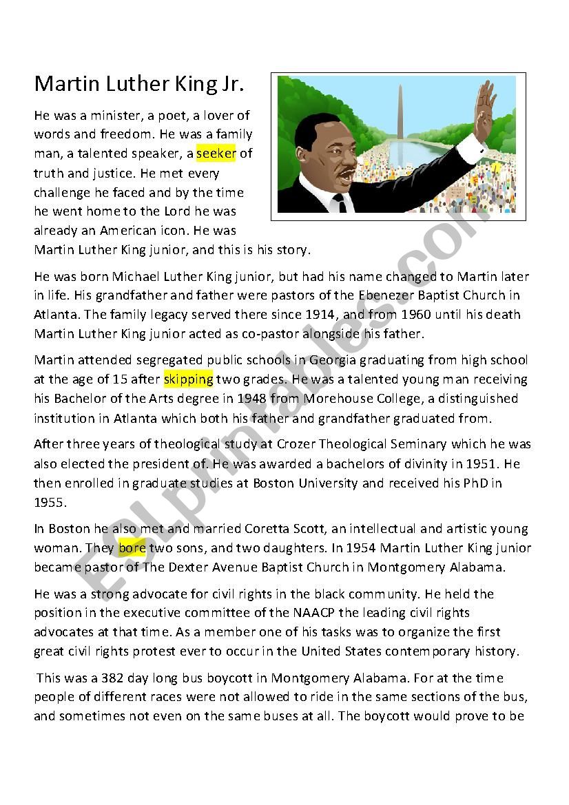 martin luther king biography worksheet