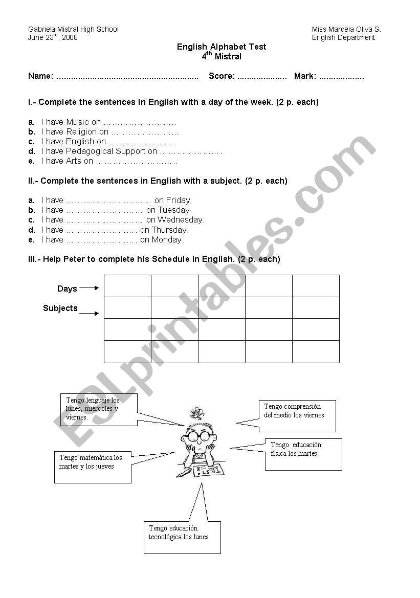 days and subjects worksheet