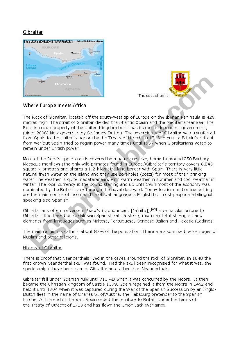 Geography of Gibralta worksheet