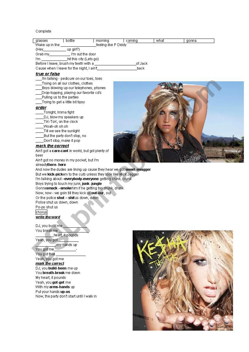 Song:Tik Tok -Kesha worksheet