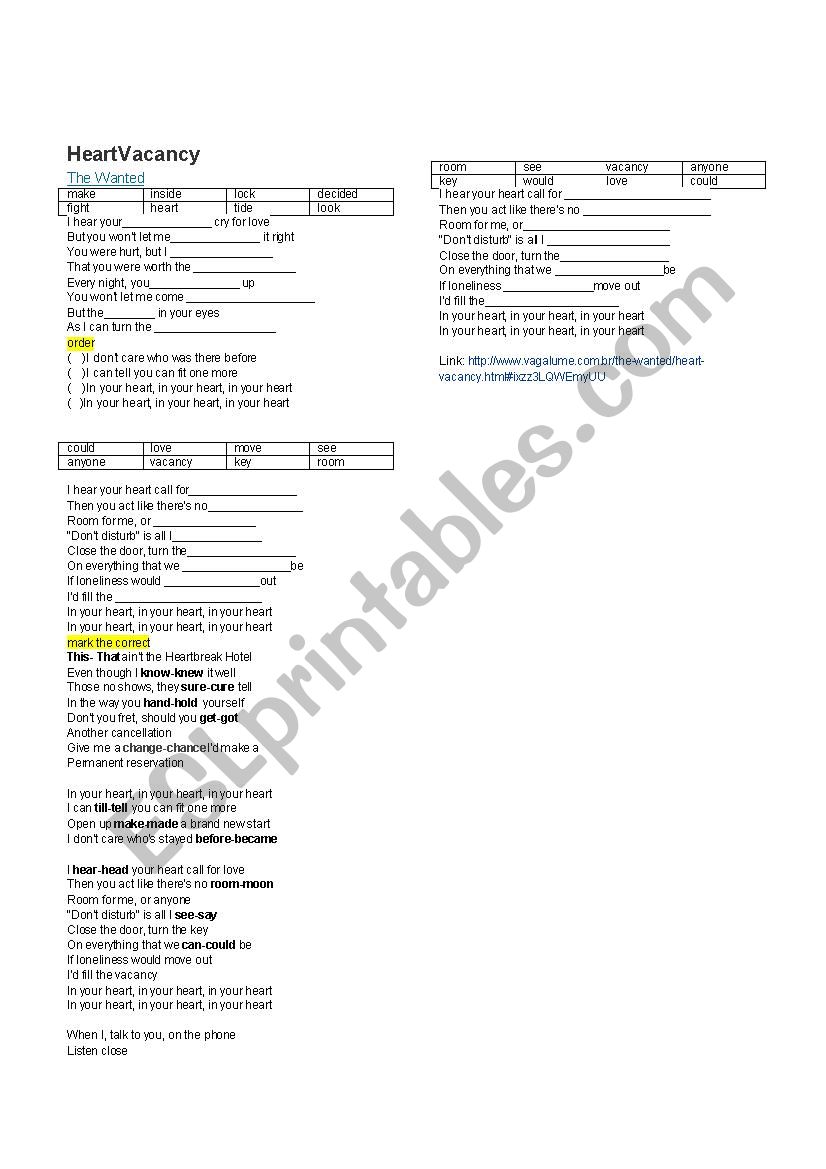 Heart Vacancy_The Wanted worksheet