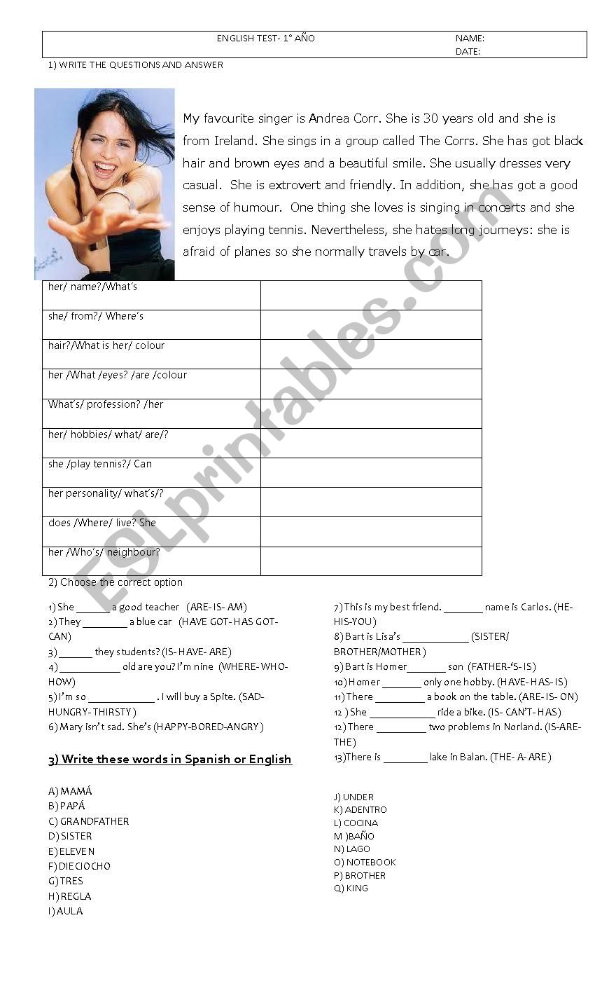 Test 1year Secondary school worksheet
