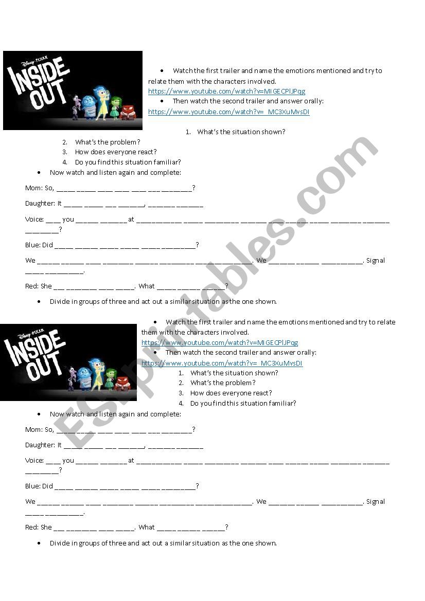 Inside out movie trailer worksheet