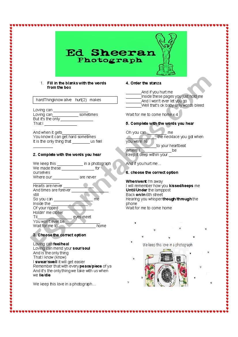 Photograph Ed Sheeran Esl Worksheet By Dianac4