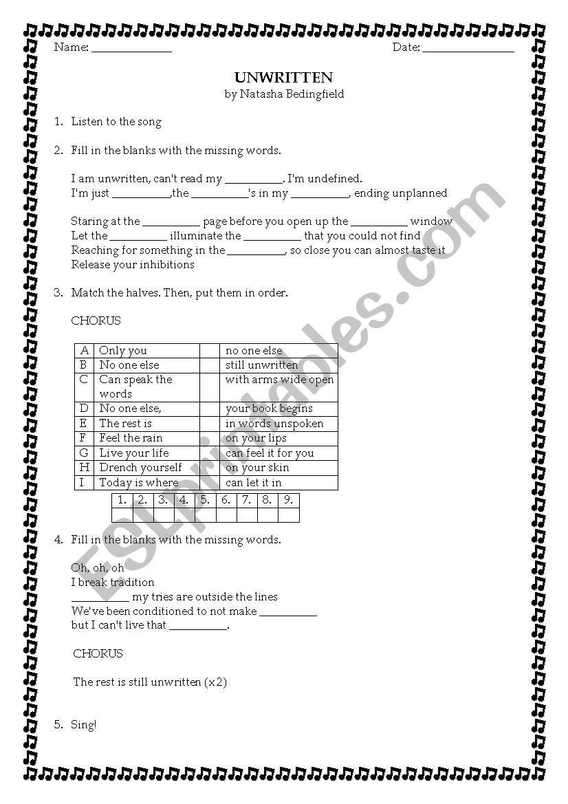 Unwritten_Amanda Bedingfield  worksheet