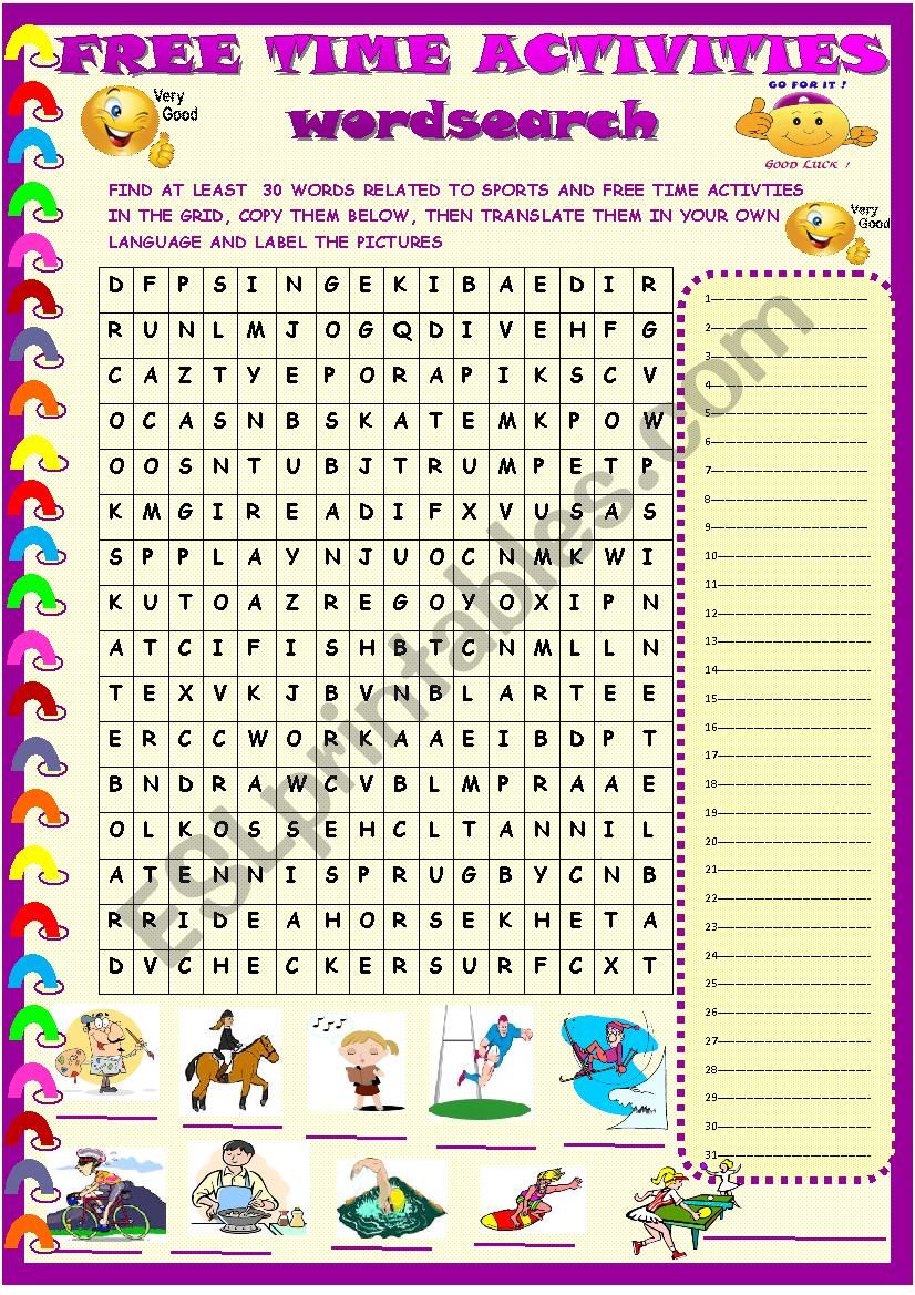 Sports and activities wordsearch with key