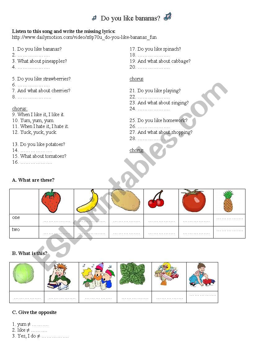 Song: Do you like bananas? worksheet