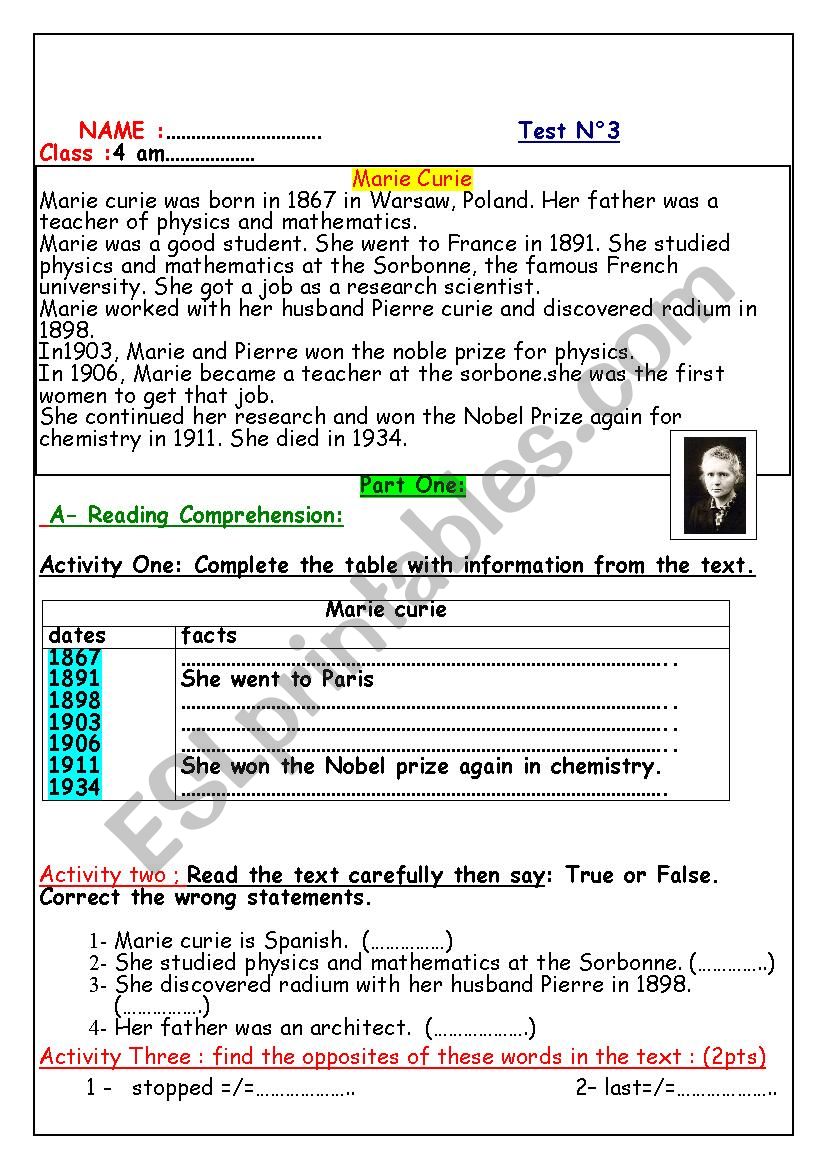 Marie Curie worksheet