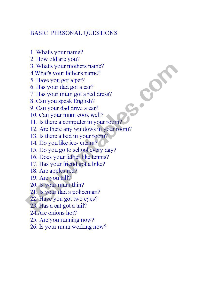 PERSONAL QUESTIONS worksheet